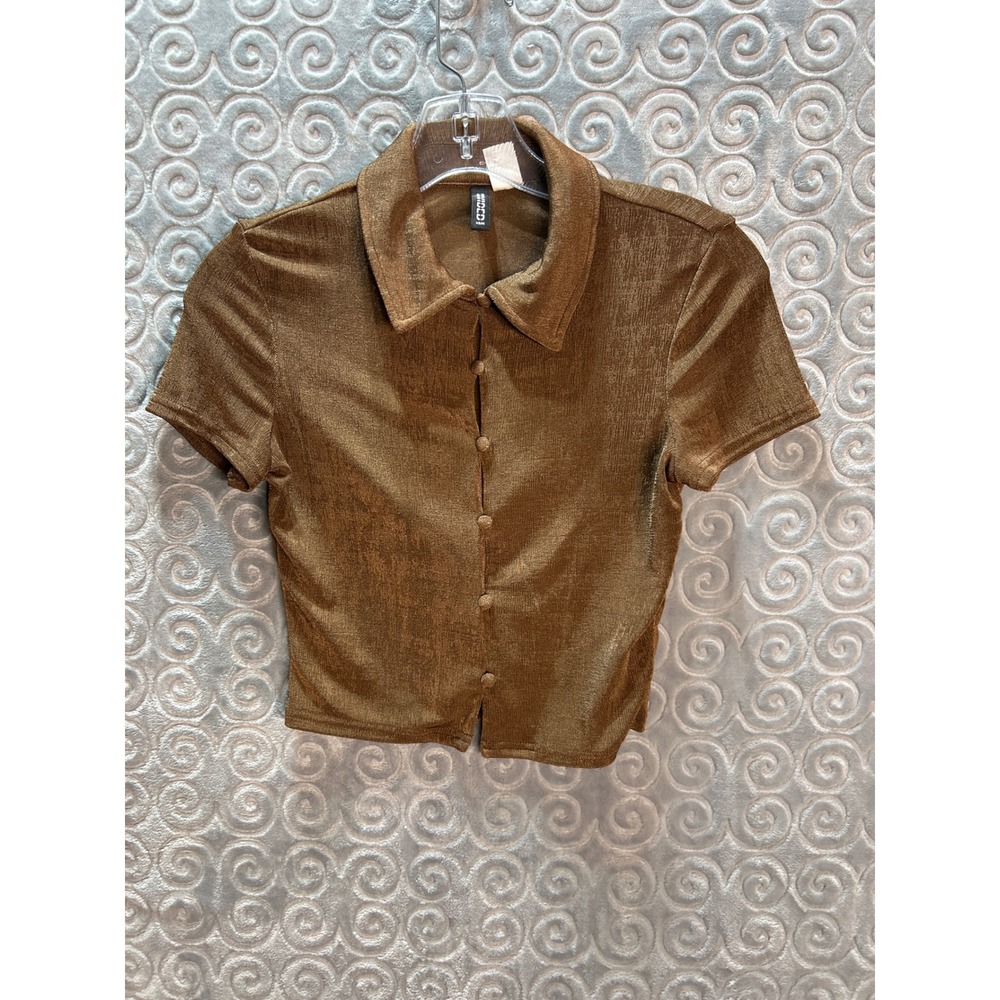 H&M Divided Brown Metallic Knit Short Sleeve Collared Button Up Crop Top S